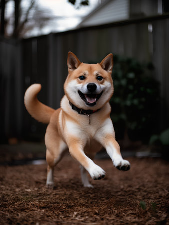 Shiba inu dog jumping in the garden. Selective focus.の素材