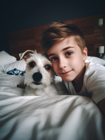 Cute little boy with his dog on the bed at home.の素材