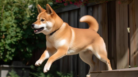 Shiba inu dog jumping on a wooden fence in the gardenの素材