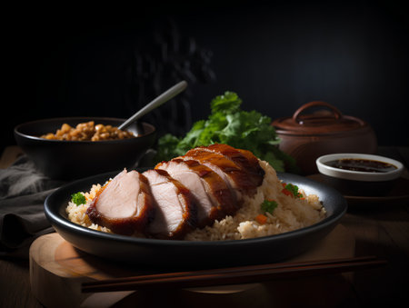 Roast duck with rice and vegetables on a dark background, selective focusの素材
