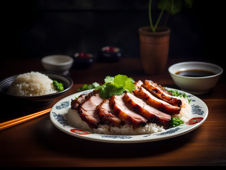 roast duck with rice on a wooden table, asian styleの素材
