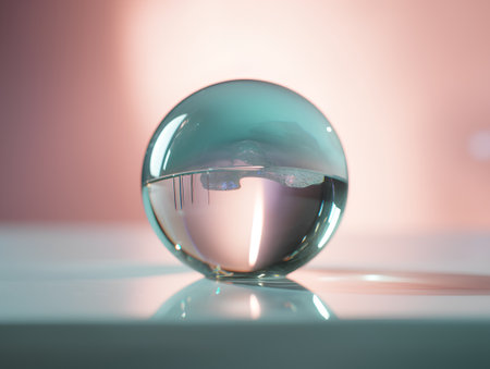 Glass sphere with water drops on the table. 3D rendering.の素材