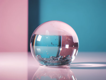 Crystal ball with water on a pink and blue background. 3d renderingの素材