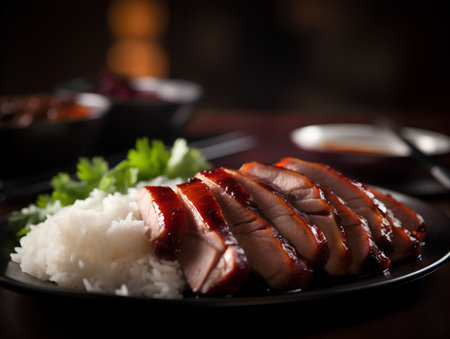 Roast duck with rice on a dark background. Selective focus.の素材