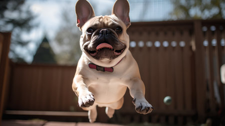 Cute french bulldog jumping in the backyard on sunny day.の素材