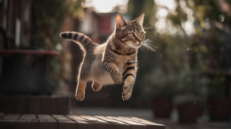 Cute tabby cat is jumping high in the air on a sunny day.の素材