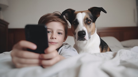 Cute little girl taking a selfie with her dog on the bedの素材