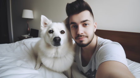 Young handsome man taking selfie with his dog in bed at home.の素材