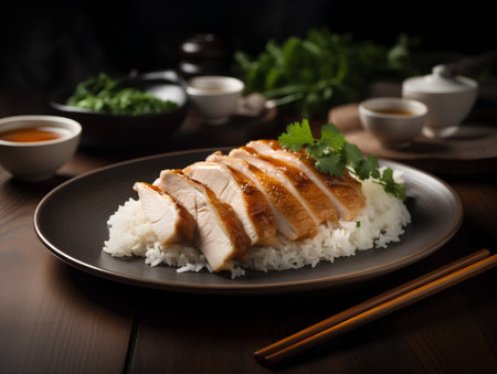 Grilled chicken and rice on a plate with chopsticks on a dark backgroundの素材