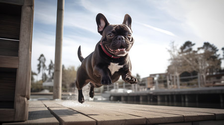 Portrait of a cute black and white french bulldog jumping in the airの素材