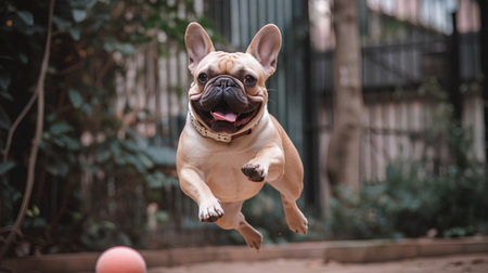 French bulldog running and jumping in the park. Selective focus.の素材