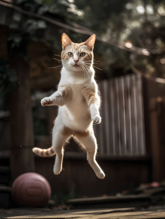 Portrait of a red-haired cat jumping in the garden.の素材