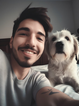 Handsome young man lying in bed with his dog, smilingの素材