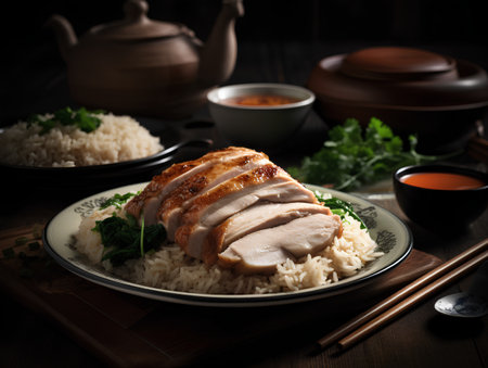 Roast chicken with rice and vegetables on a dark wooden background.の素材