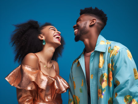 Young african american man and woman in fashion clothes on blue backgroundの素材