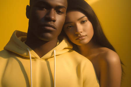 African american man and asian woman in yellow hoodie on yellow backgroundの素材