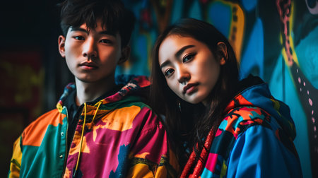 Portrait of two asian teenagers in colorful jacket and hoodie.の素材