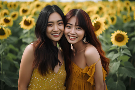 Two beautiful asian women in yellow dress standing in sunflower fieldの素材