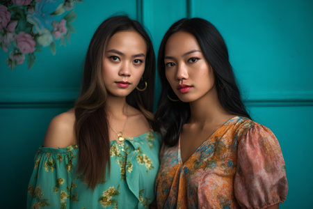 Portrait of two beautiful asian women in the studio on green backgroundの素材