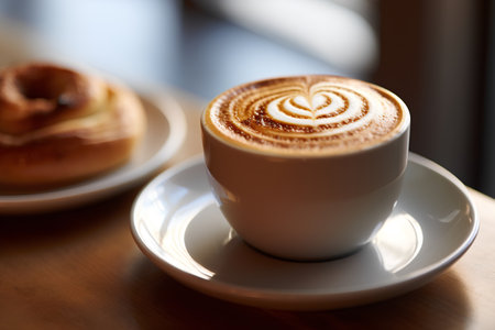 Cup of coffee with beautiful latte art on wooden table.の素材