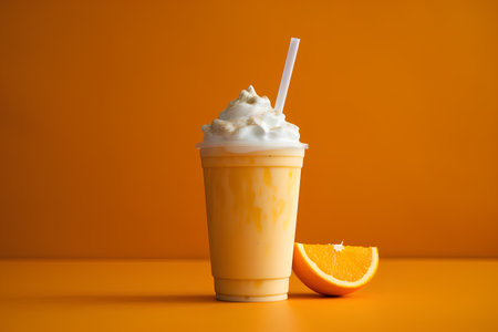 Orange smoothie with whipped cream in a plastic cup on orange backgroundの素材