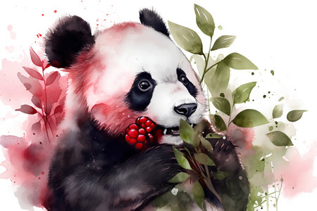 Watercolor panda bear with red berry. Vector illustration.の素材