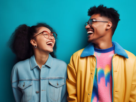 young pretty african american couple posing cheerful on blue background, lifestyle people conceptの素材