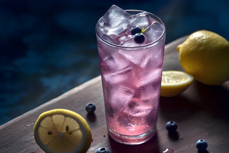 Cocktail with blueberries, lemon and ice on wooden tableの素材