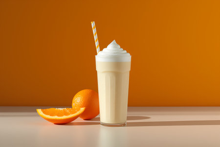 Milk shake with whipped cream and orange slices on orange background. 3d illustrationの素材