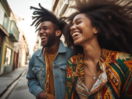 Happy african american couple having fun together on the street.の素材