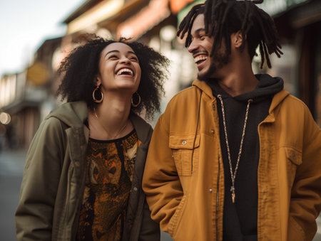 Portrait of smiling african american man and woman walking in cityの素材
