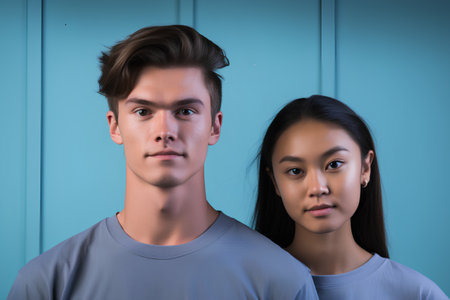 Portrait of young asian man and woman against blue wooden backgroundの素材