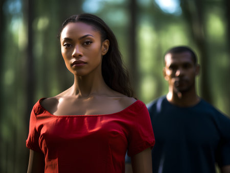 Portrait of a beautiful young African American woman and a Caucasian man in the forestの素材