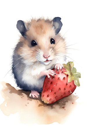 Watercolor illustration of a hamster with a strawberry on a white backgroundの素材