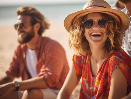 Happy young couple sitting on the beach and looking at the sea.の素材