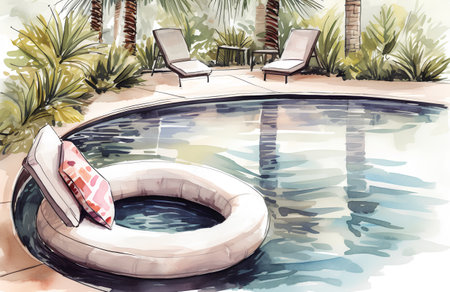 Illustration of a swimming pool with inflatable ring and palm treesの素材