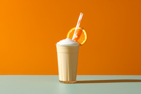 Milk shake with orange slice and straw on orange background. 3d illustrationの素材
