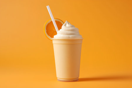 Milkshake with whipped cream and orange on orange background. 3d illustrationの素材