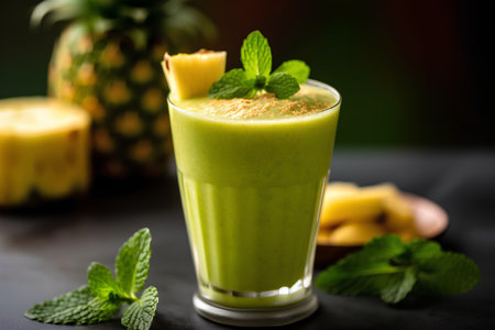 Pineapple smoothie with fresh pineapple and mint on dark backgroundの素材