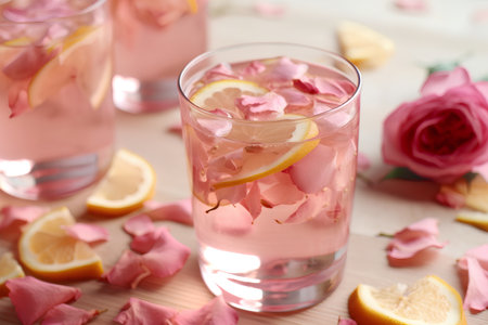 Refreshing lemonade with rose petals on wooden table, closeupの素材