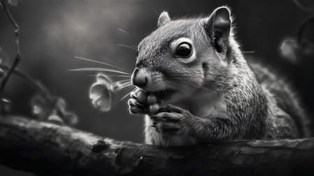 Squirrel eating a nut on a tree branch in black and whiteの素材