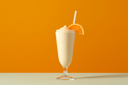 Milkshake with orange on orange background. 3d illustration.の素材