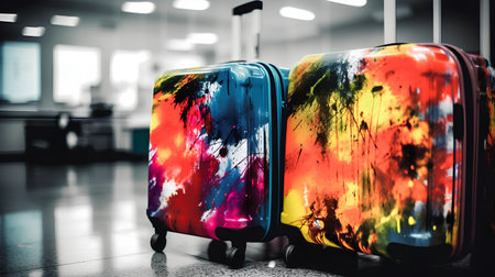 Colorful travel bags in airport terminal. Travel and tourism concept.の素材