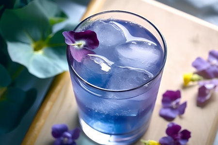 Blue Hawaiian Cocktail with ice and purple flowers on a wooden boardの素材