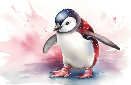 Watercolor penguin isolated on white background. Hand drawn illustration.の素材