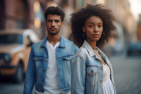 Handsome african american man and woman in casual clothes walking in the city.の素材