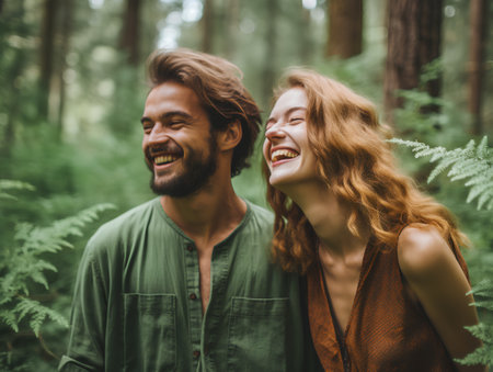 Portrait of a happy couple in the forest. Man and woman enjoying nature.の素材