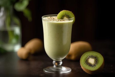 Healthy kiwi smoothie in a glass on a dark backgroundの素材