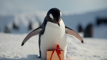 Chinstrap penguin with gift box on the snow in Antarcticaの素材