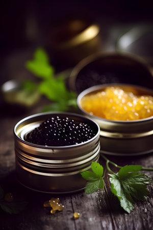Black and red caviar in a glass jar on a wooden tableの素材